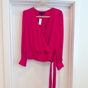 Banana Republic hot pink satin surplice tie front long sleeve blouse